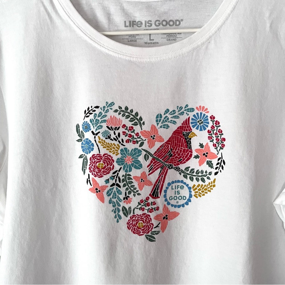 Life Is Good White Short Sleeve Tee with Floral Heart Bird Graphic - Picture 3 of 6